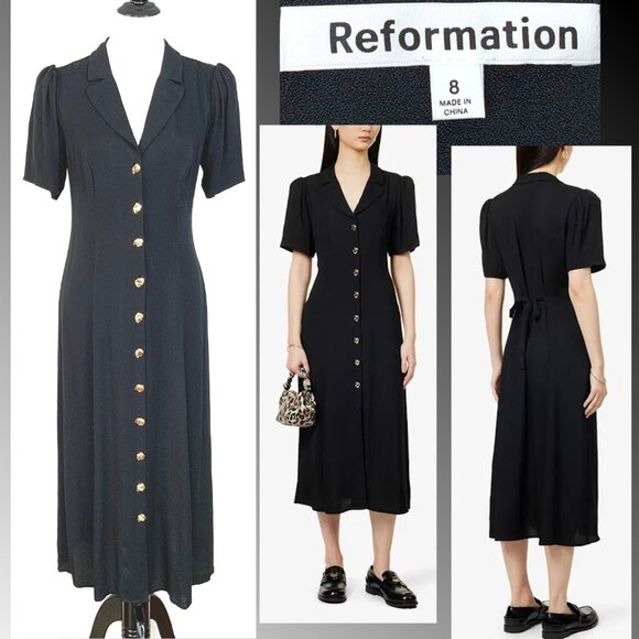 REFORMATION Wilde Puff-Sleeve Button-Front Midi Dress Goth Witchy Sz 8 - Picture 7 of 16